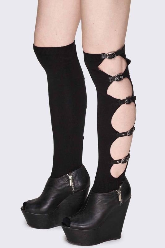 Shutdown Knee Buckle Straps High Socks Black | Minga London